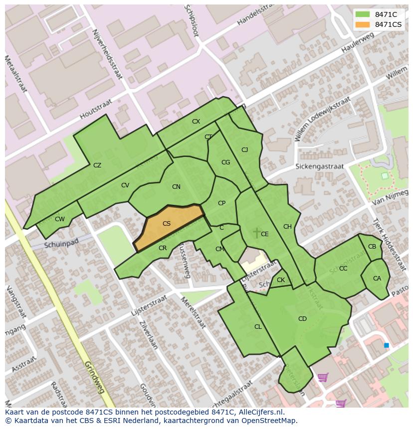 Afbeelding van het postcodegebied 8471 CS op de kaart.