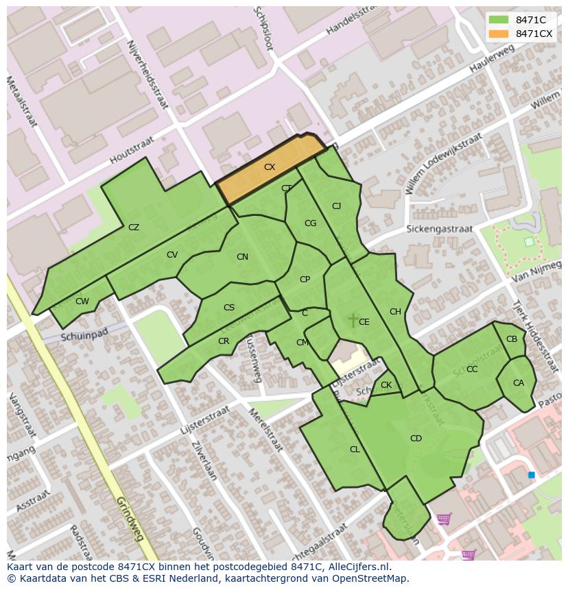 Afbeelding van het postcodegebied 8471 CX op de kaart.