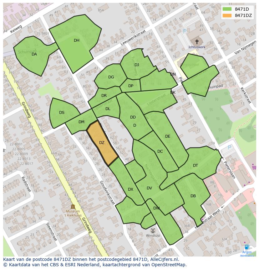 Afbeelding van het postcodegebied 8471 DZ op de kaart.