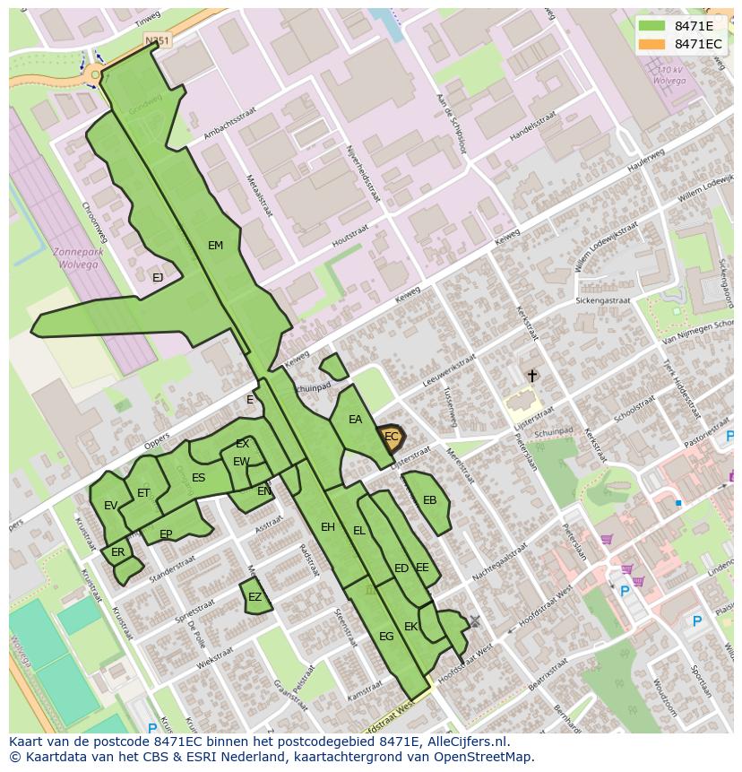 Afbeelding van het postcodegebied 8471 EC op de kaart.