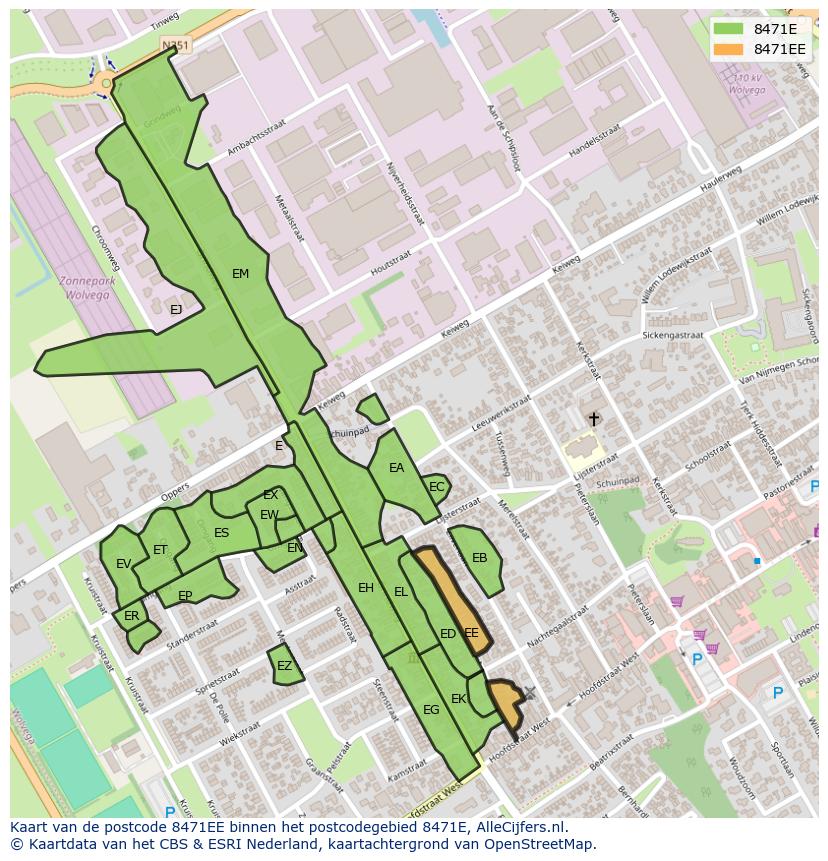 Afbeelding van het postcodegebied 8471 EE op de kaart.