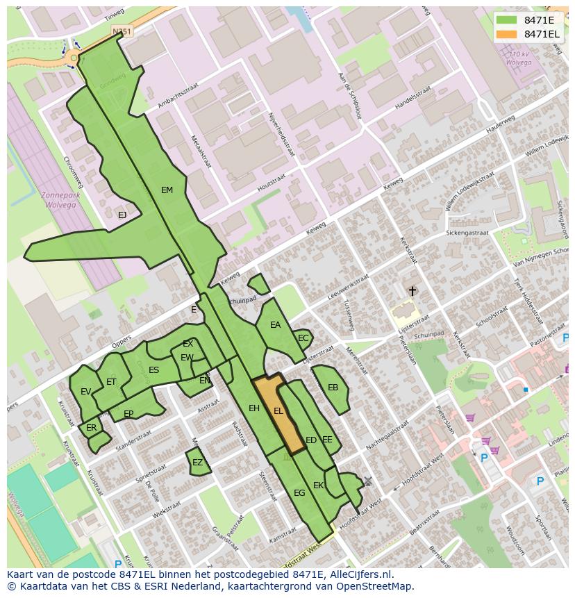 Afbeelding van het postcodegebied 8471 EL op de kaart.
