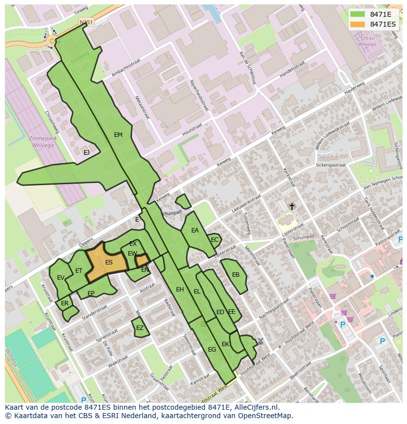 Afbeelding van het postcodegebied 8471 ES op de kaart.