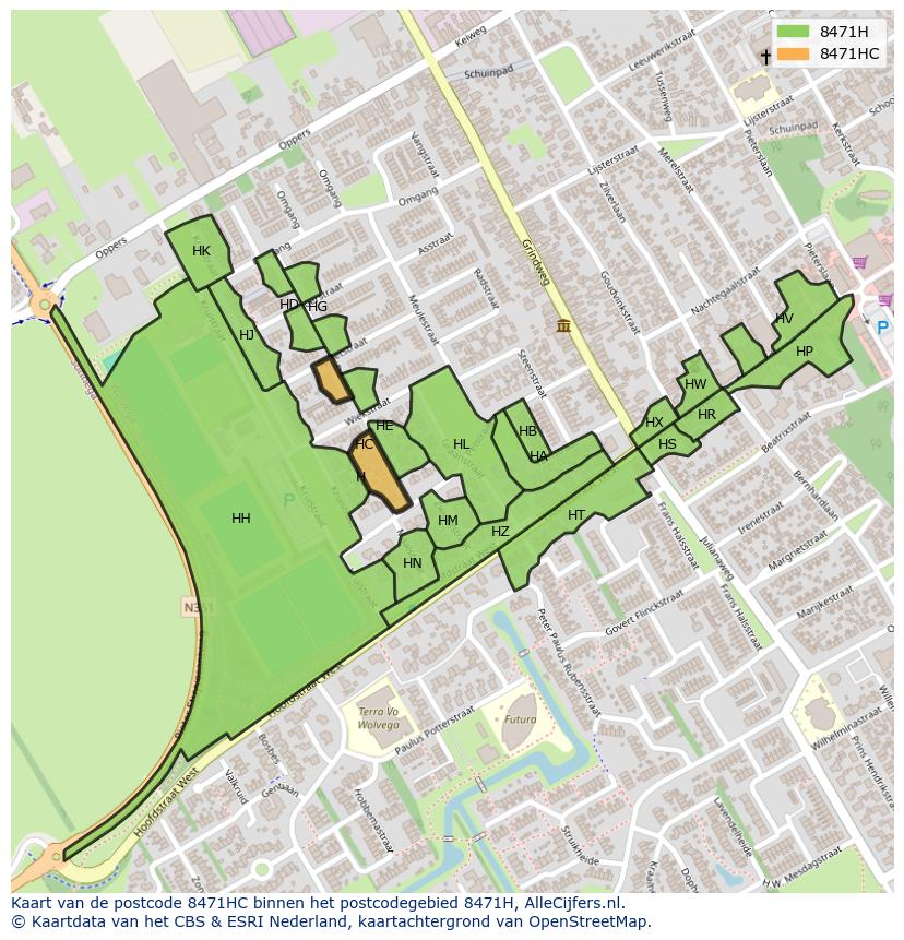Afbeelding van het postcodegebied 8471 HC op de kaart.