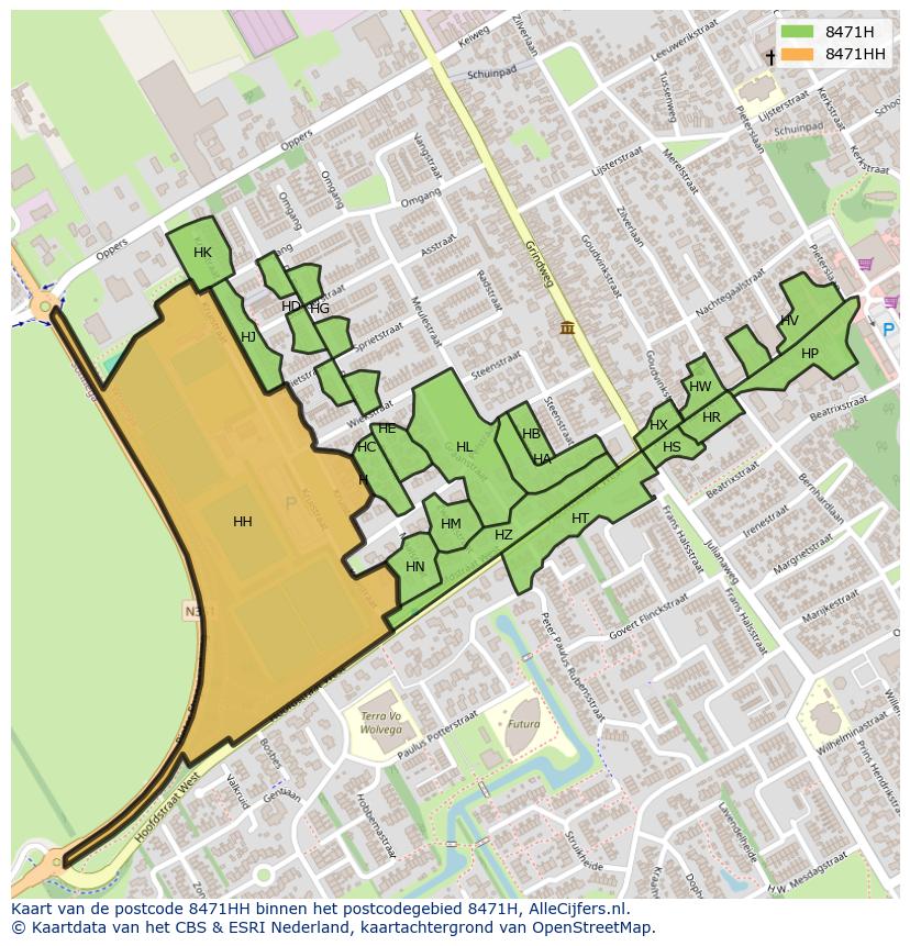 Afbeelding van het postcodegebied 8471 HH op de kaart.