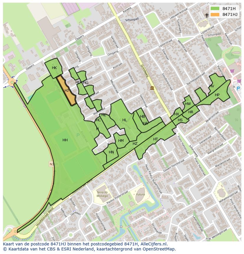 Afbeelding van het postcodegebied 8471 HJ op de kaart.