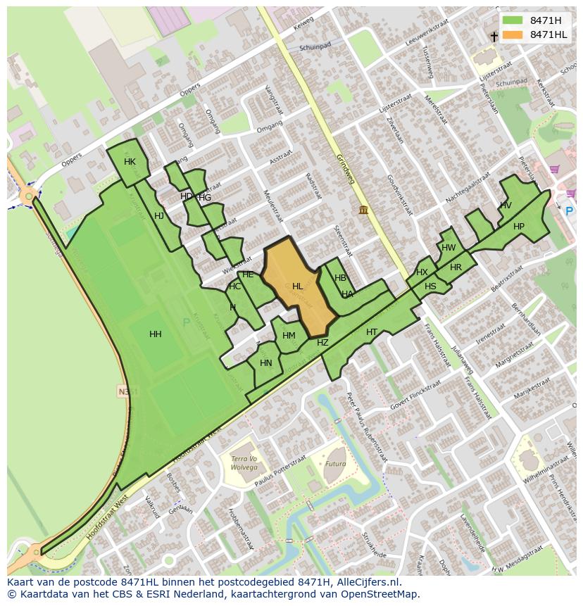 Afbeelding van het postcodegebied 8471 HL op de kaart.