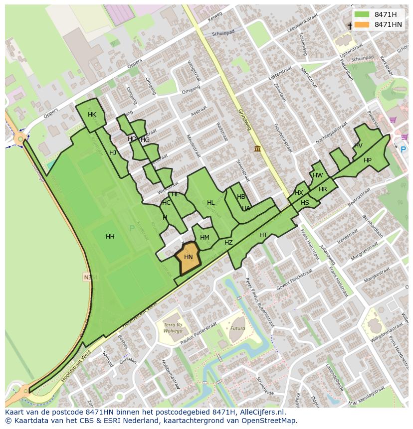 Afbeelding van het postcodegebied 8471 HN op de kaart.