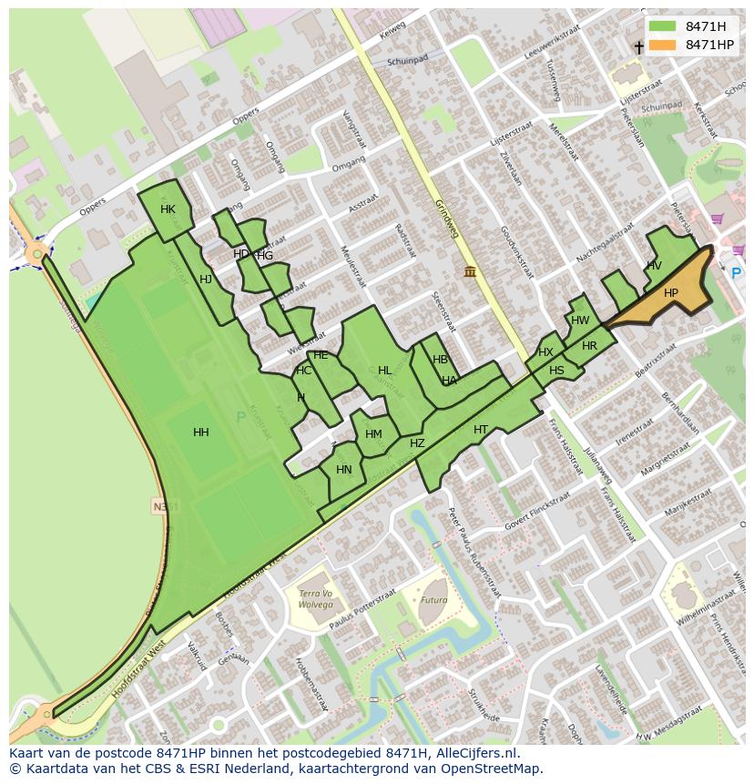 Afbeelding van het postcodegebied 8471 HP op de kaart.