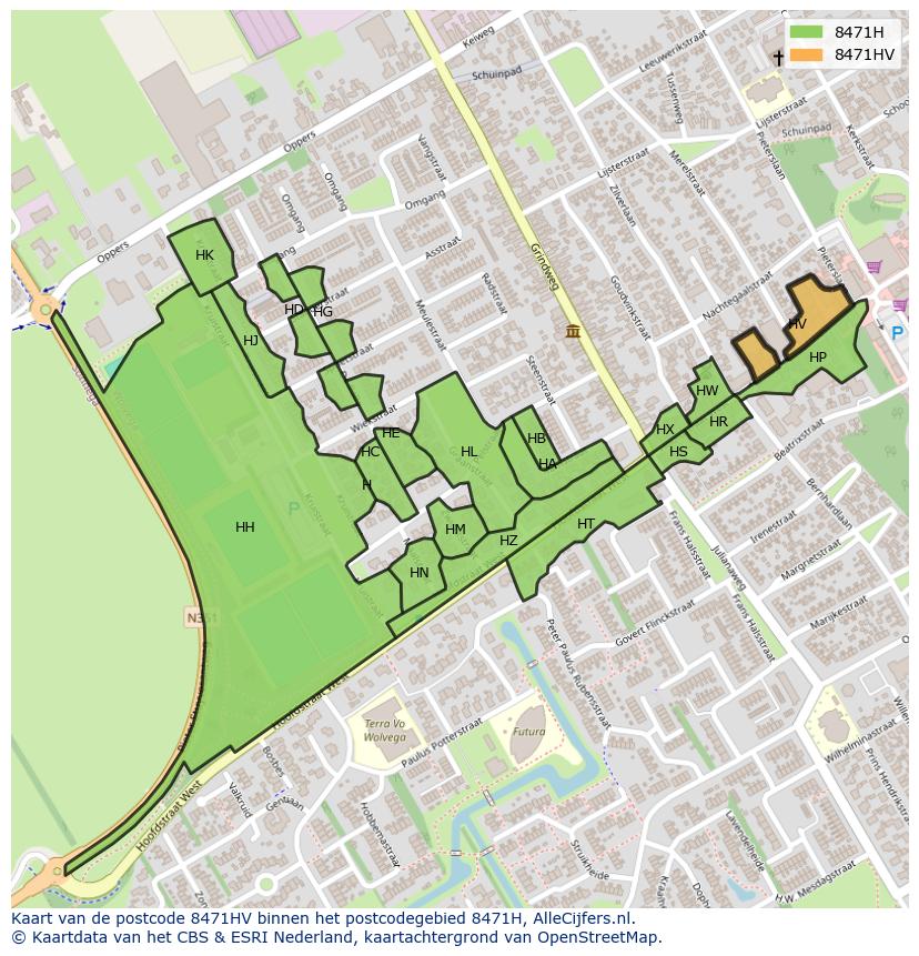 Afbeelding van het postcodegebied 8471 HV op de kaart.