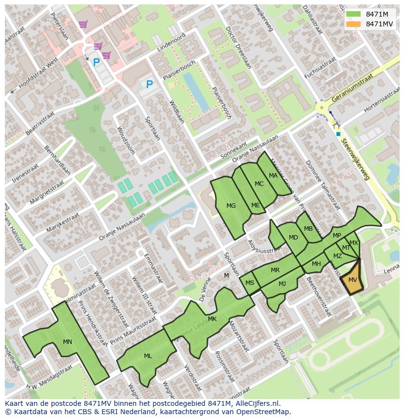 Afbeelding van het postcodegebied 8471 MV op de kaart.