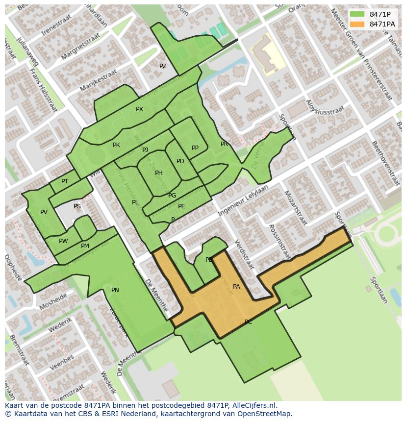 Afbeelding van het postcodegebied 8471 PA op de kaart.