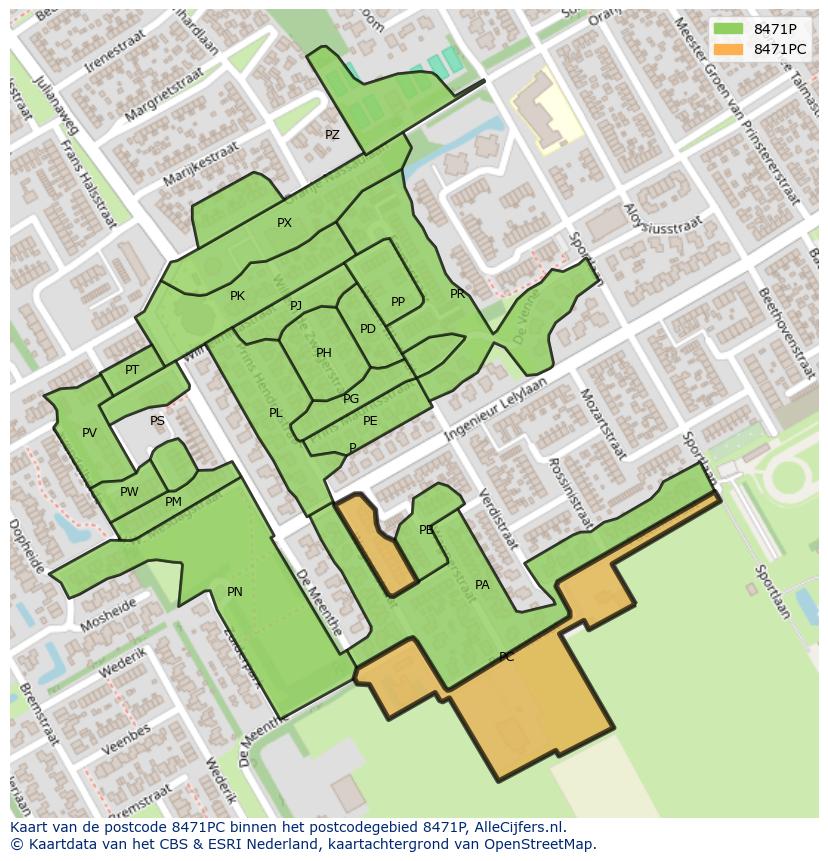 Afbeelding van het postcodegebied 8471 PC op de kaart.