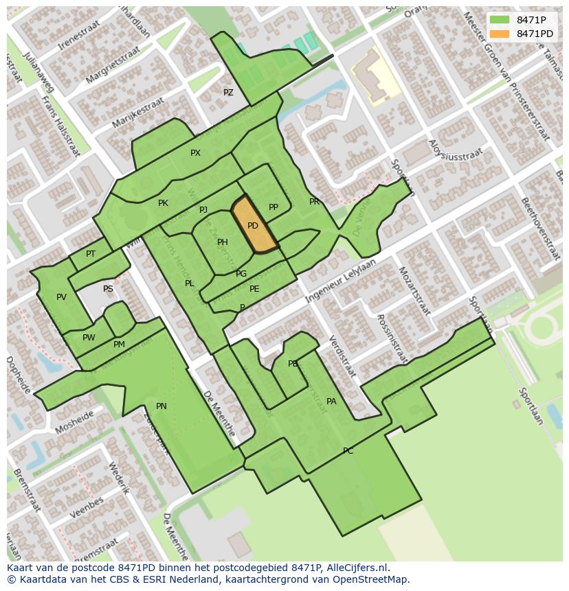 Afbeelding van het postcodegebied 8471 PD op de kaart.