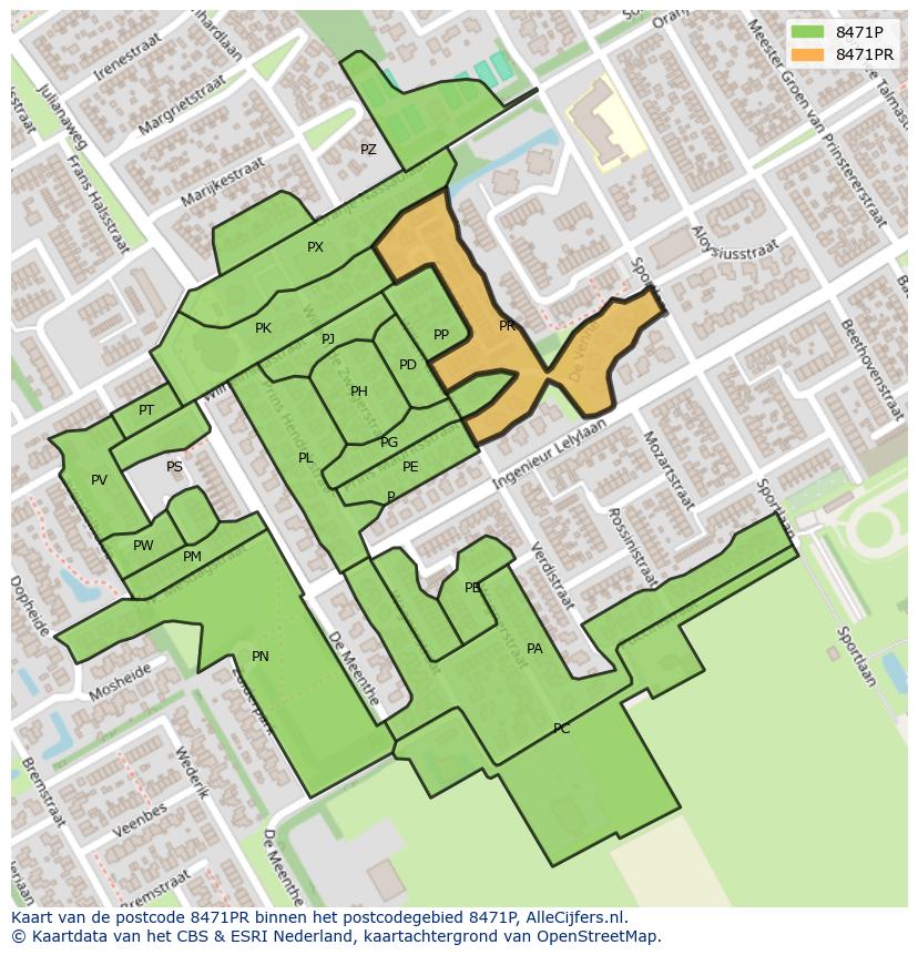 Afbeelding van het postcodegebied 8471 PR op de kaart.