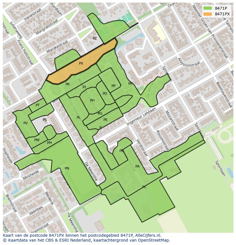 Afbeelding van het postcodegebied 8471 PX op de kaart.