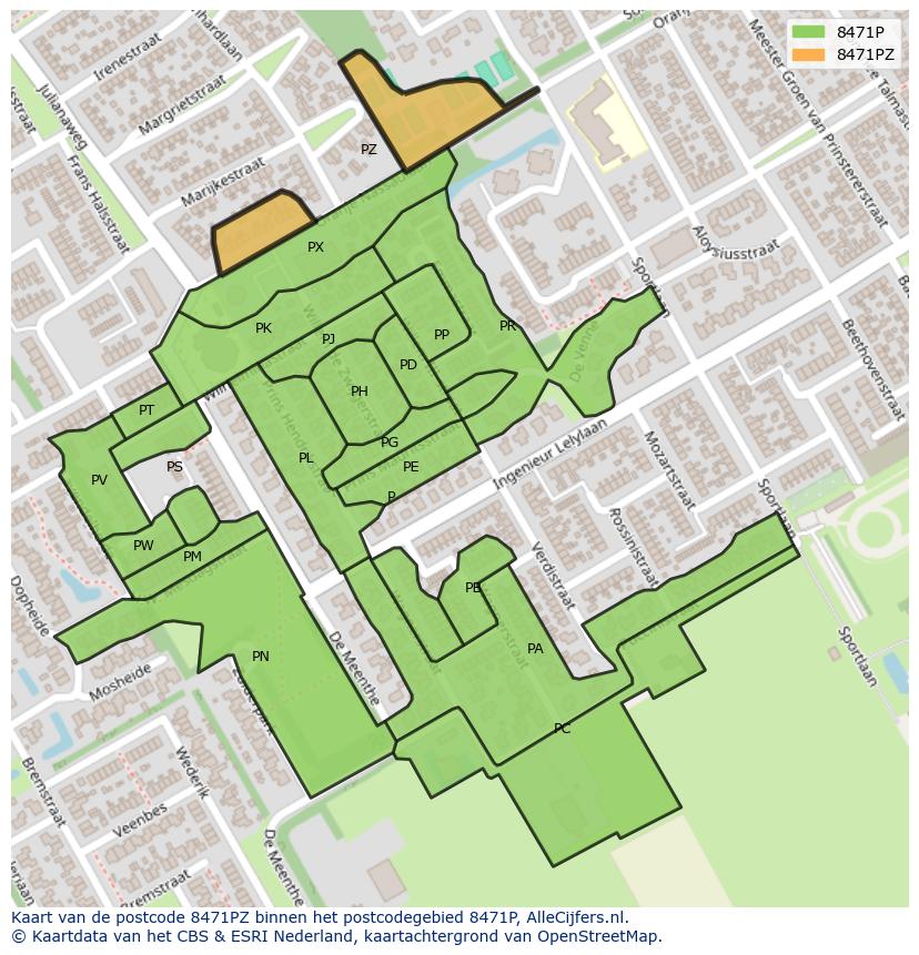 Afbeelding van het postcodegebied 8471 PZ op de kaart.