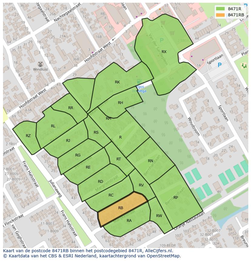 Afbeelding van het postcodegebied 8471 RB op de kaart.