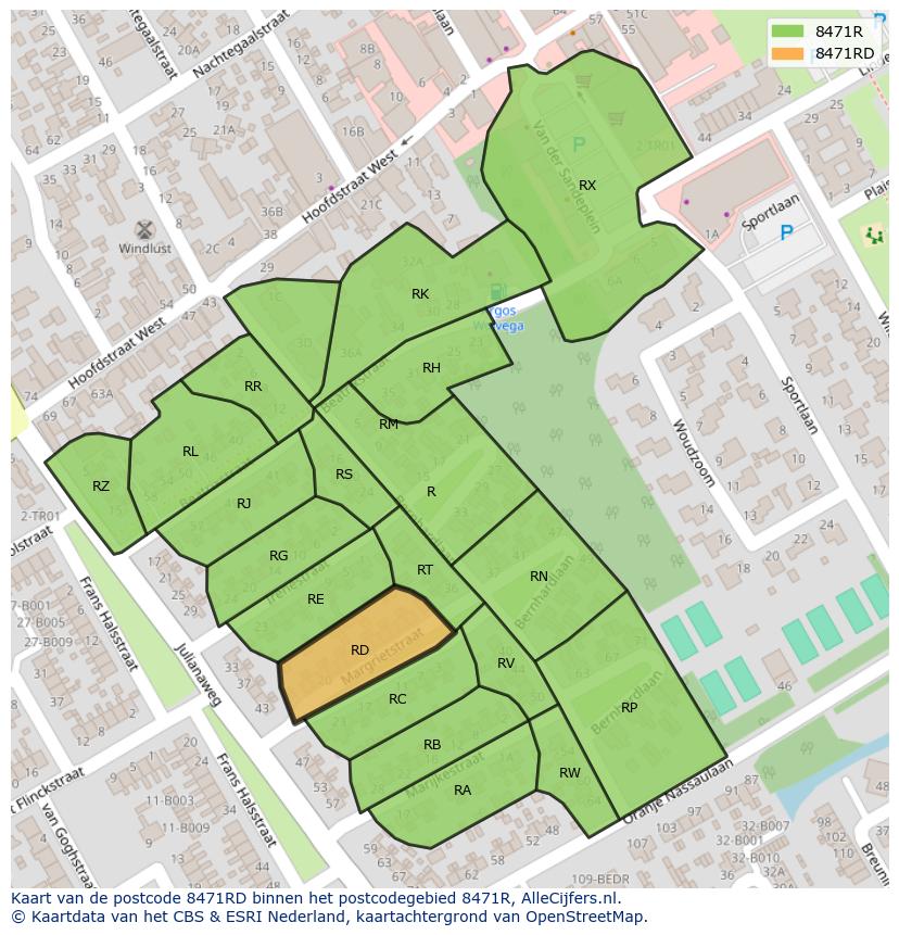 Afbeelding van het postcodegebied 8471 RD op de kaart.