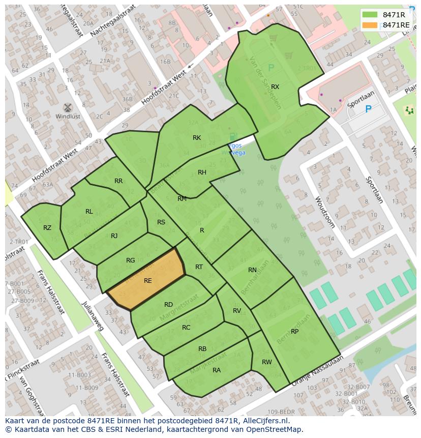 Afbeelding van het postcodegebied 8471 RE op de kaart.