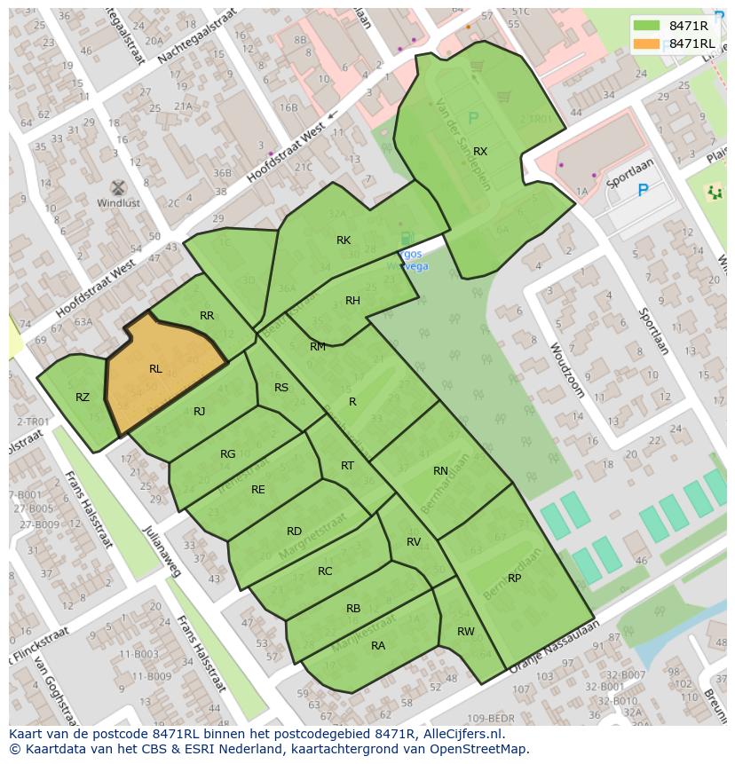 Afbeelding van het postcodegebied 8471 RL op de kaart.