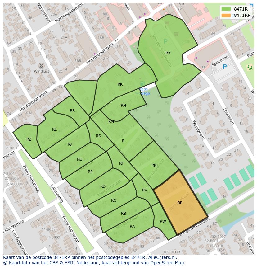 Afbeelding van het postcodegebied 8471 RP op de kaart.