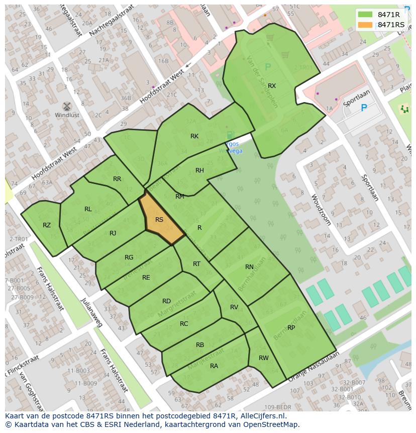 Afbeelding van het postcodegebied 8471 RS op de kaart.