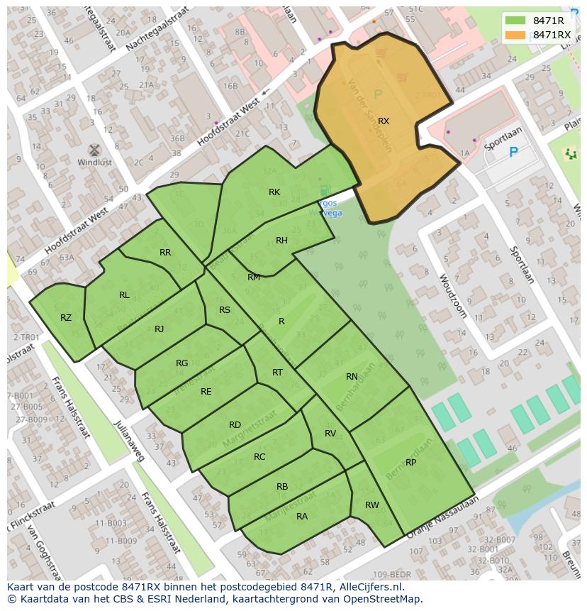 Afbeelding van het postcodegebied 8471 RX op de kaart.