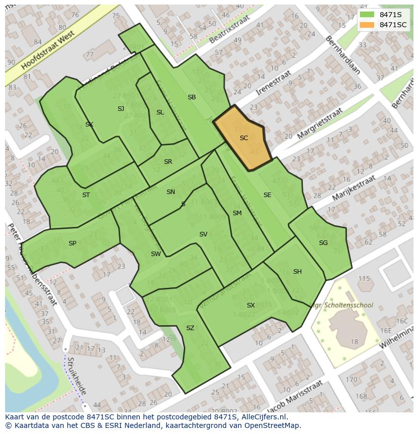 Afbeelding van het postcodegebied 8471 SC op de kaart.