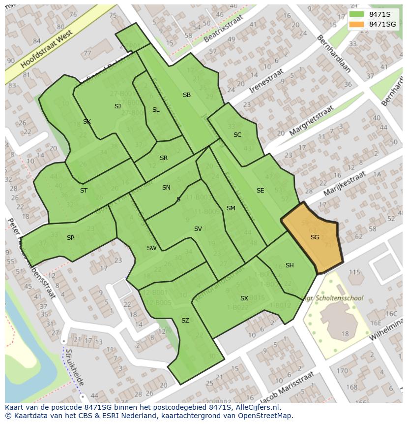 Afbeelding van het postcodegebied 8471 SG op de kaart.