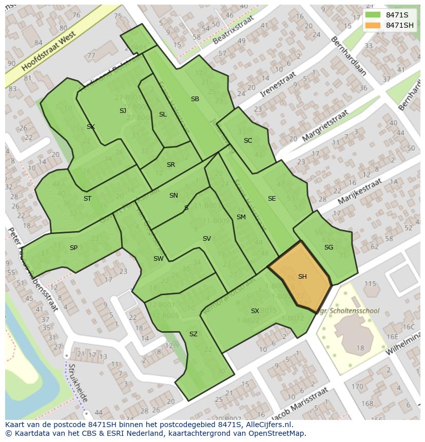Afbeelding van het postcodegebied 8471 SH op de kaart.