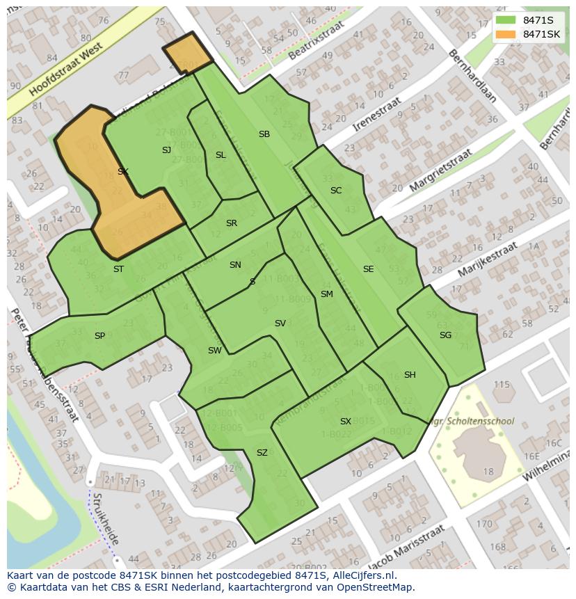 Afbeelding van het postcodegebied 8471 SK op de kaart.