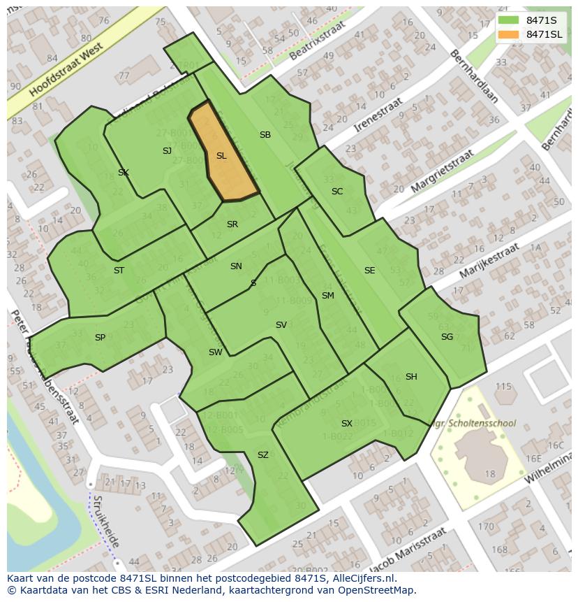Afbeelding van het postcodegebied 8471 SL op de kaart.