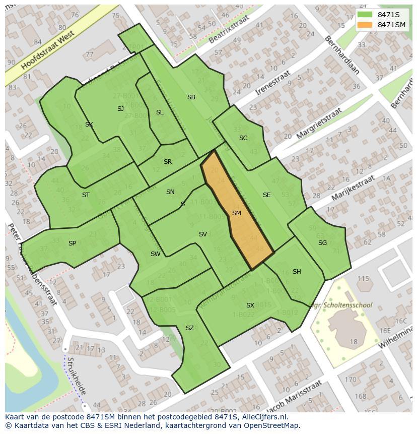 Afbeelding van het postcodegebied 8471 SM op de kaart.