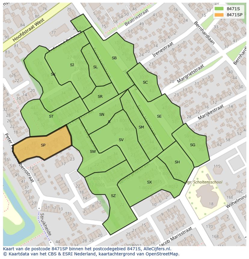 Afbeelding van het postcodegebied 8471 SP op de kaart.
