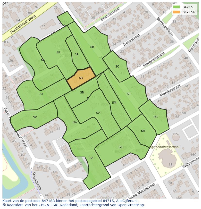 Afbeelding van het postcodegebied 8471 SR op de kaart.
