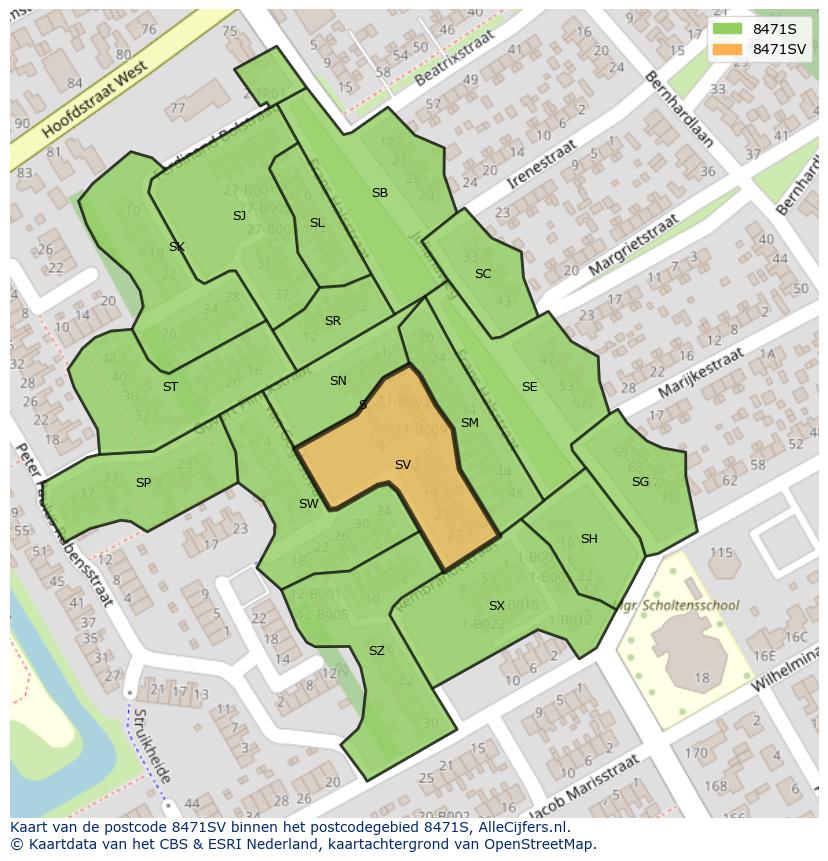 Afbeelding van het postcodegebied 8471 SV op de kaart.