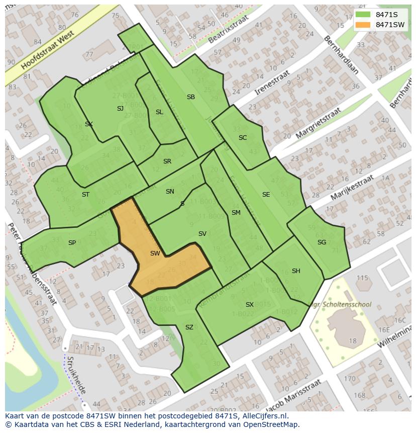 Afbeelding van het postcodegebied 8471 SW op de kaart.