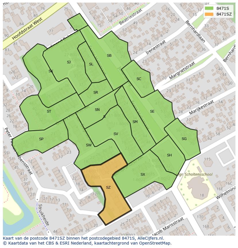 Afbeelding van het postcodegebied 8471 SZ op de kaart.