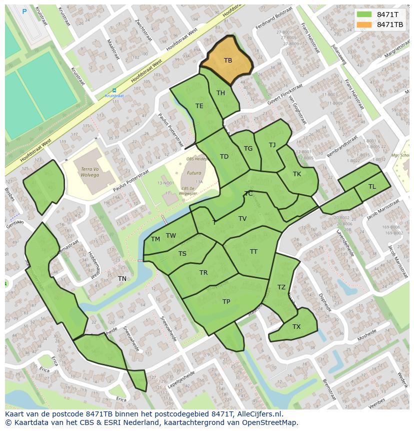 Afbeelding van het postcodegebied 8471 TB op de kaart.