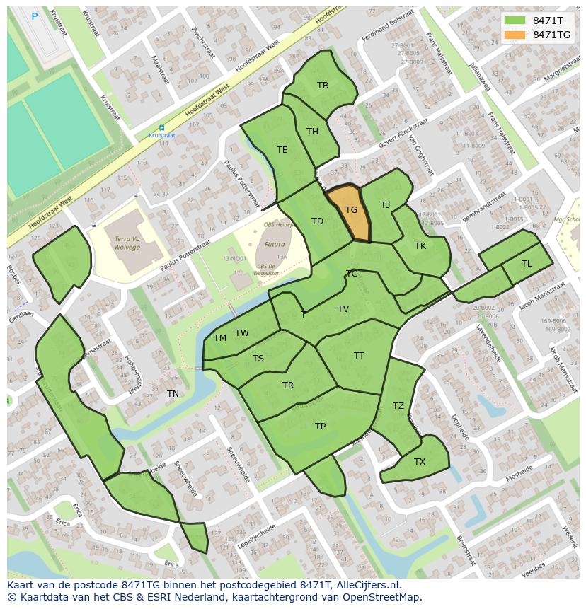 Afbeelding van het postcodegebied 8471 TG op de kaart.