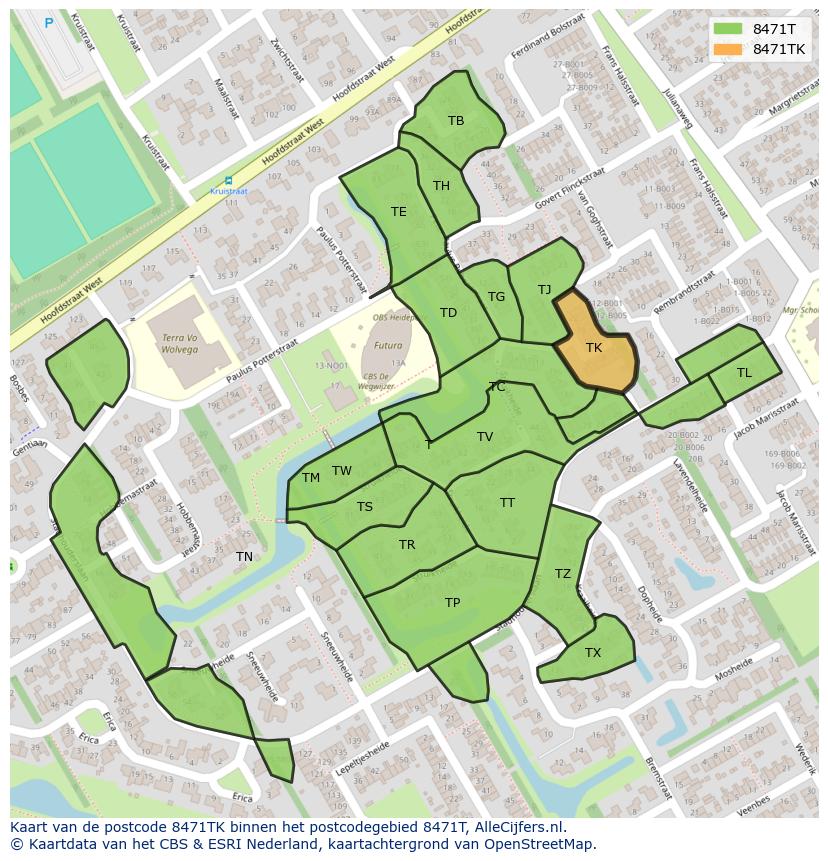 Afbeelding van het postcodegebied 8471 TK op de kaart.