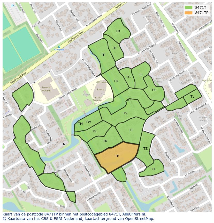 Afbeelding van het postcodegebied 8471 TP op de kaart.