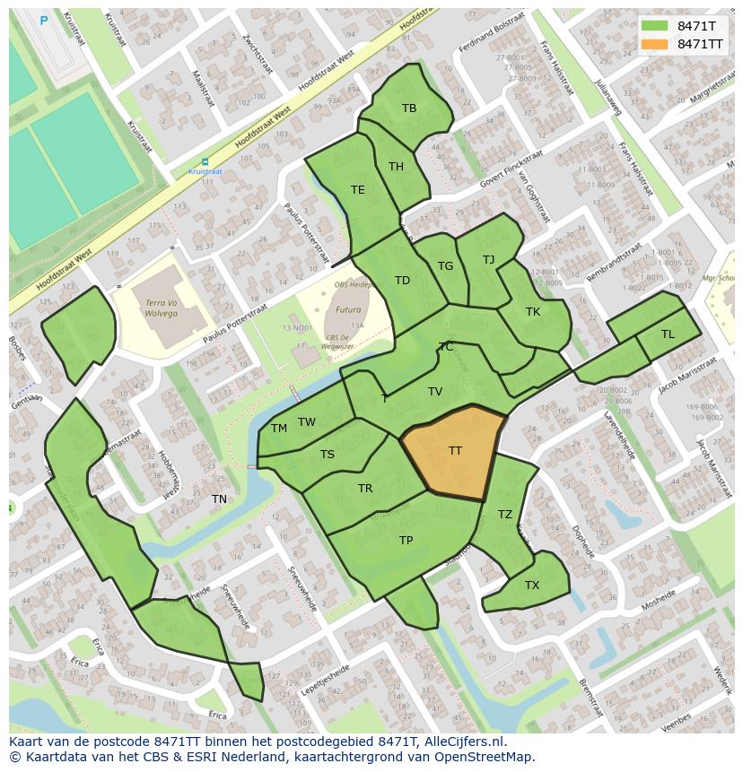 Afbeelding van het postcodegebied 8471 TT op de kaart.
