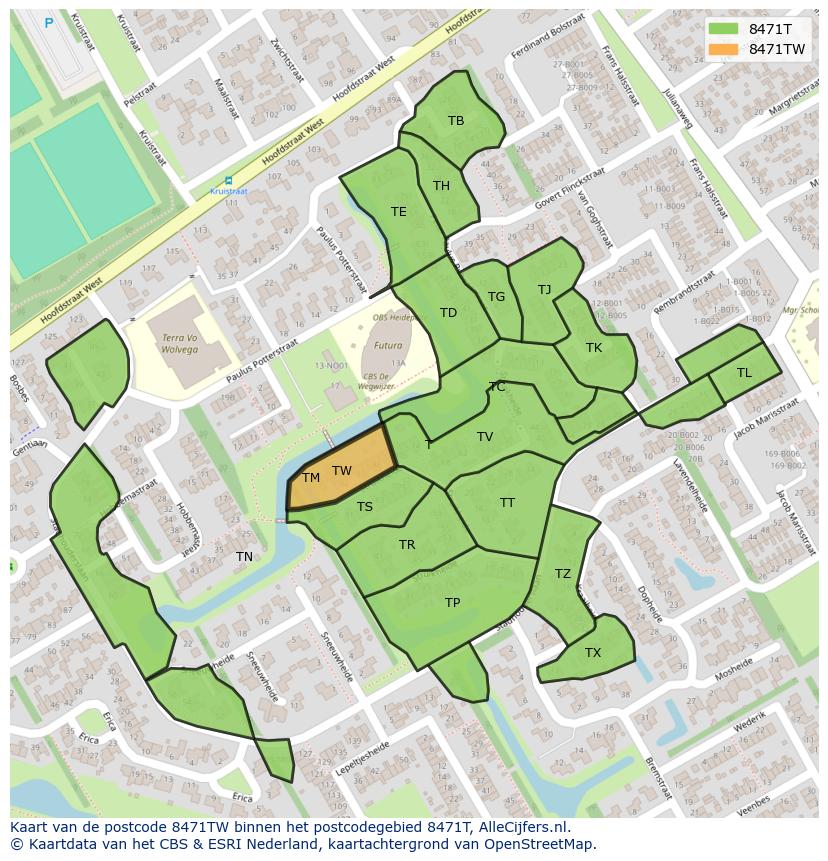 Afbeelding van het postcodegebied 8471 TW op de kaart.
