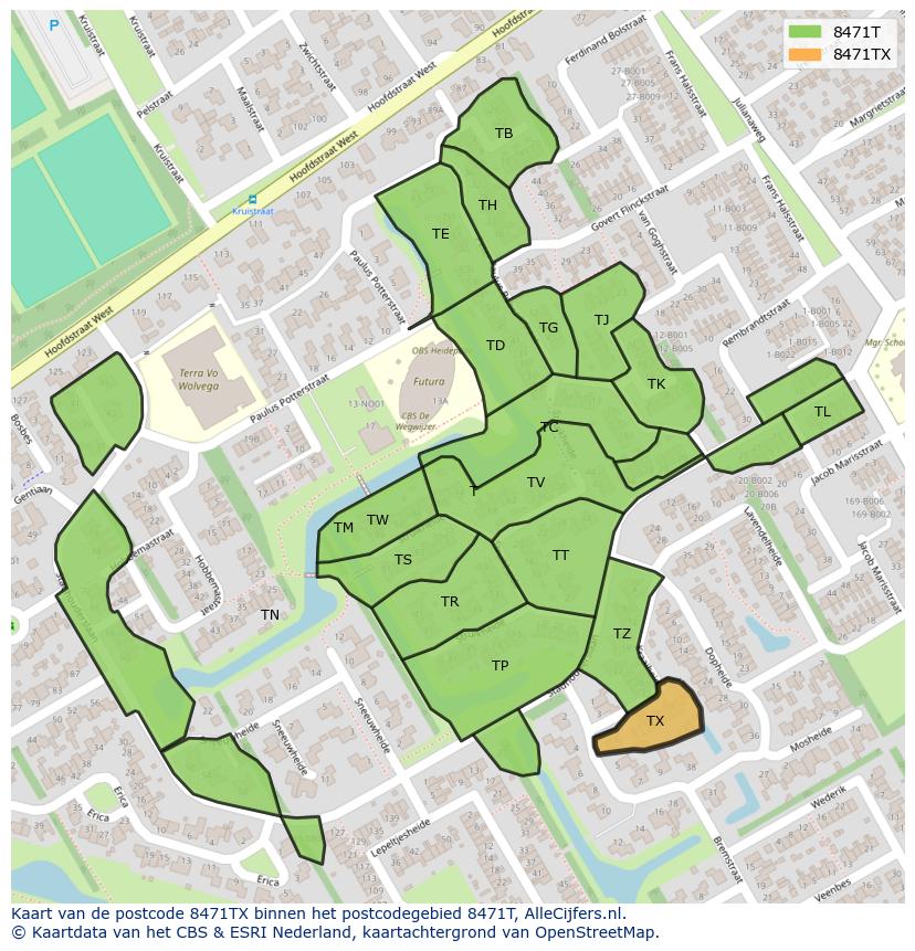 Afbeelding van het postcodegebied 8471 TX op de kaart.