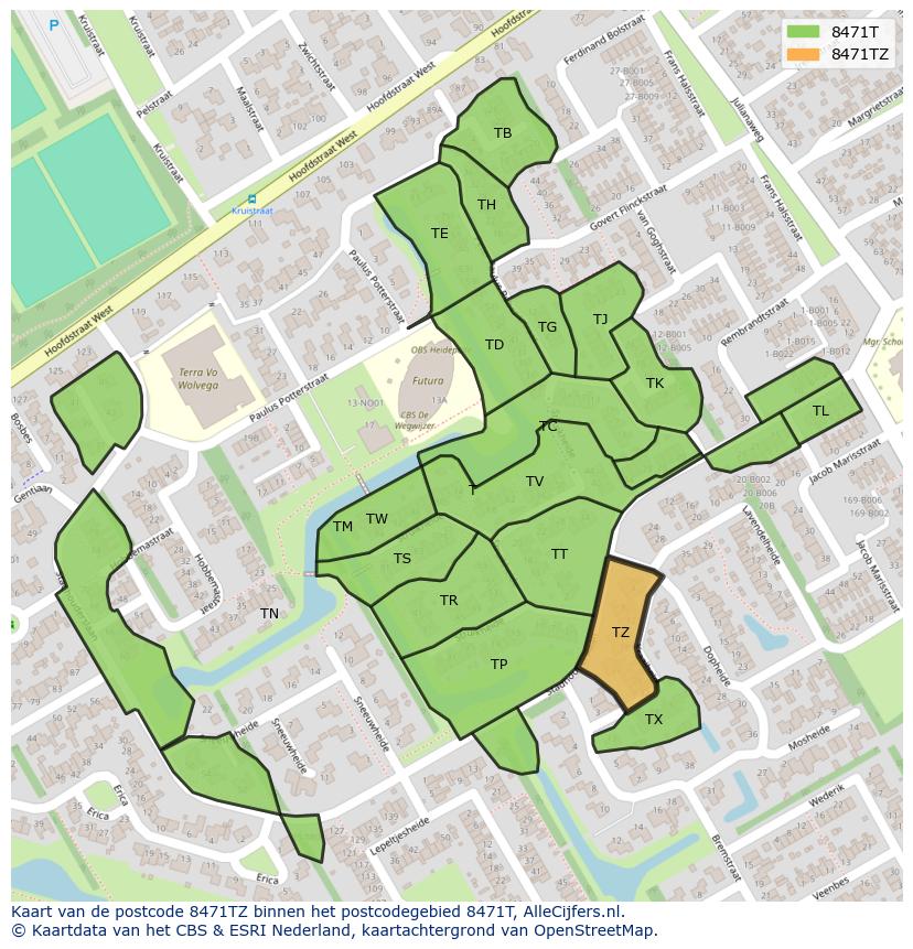 Afbeelding van het postcodegebied 8471 TZ op de kaart.