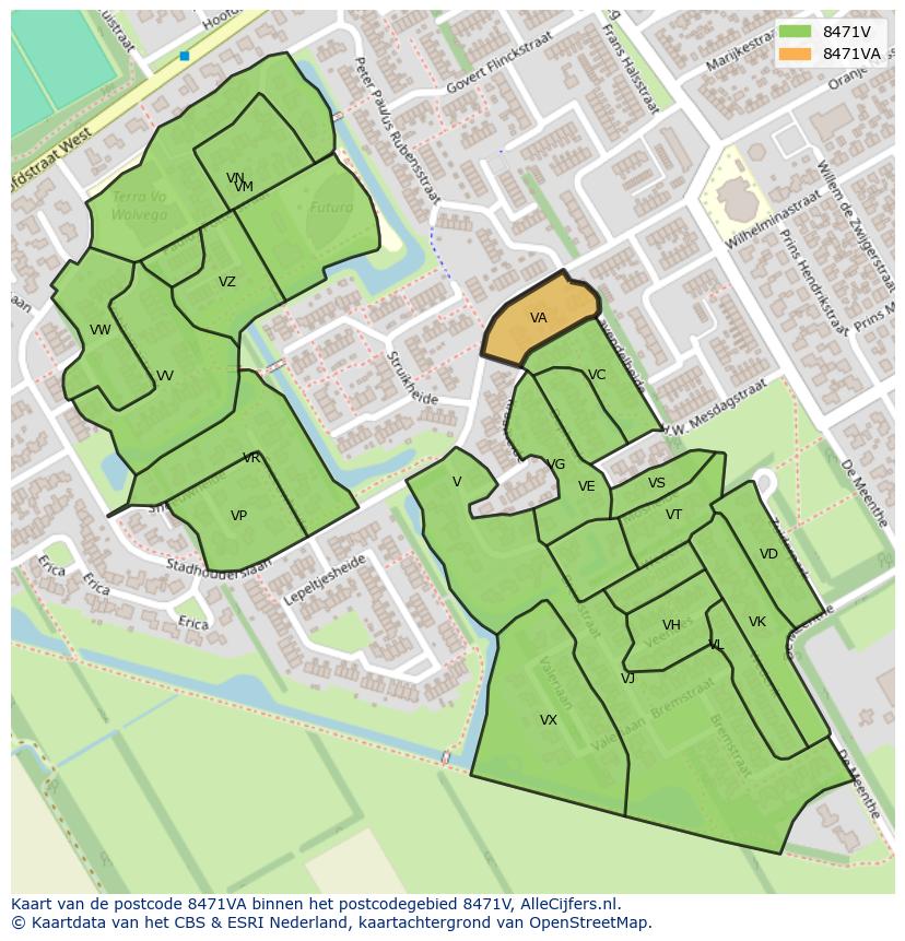 Afbeelding van het postcodegebied 8471 VA op de kaart.