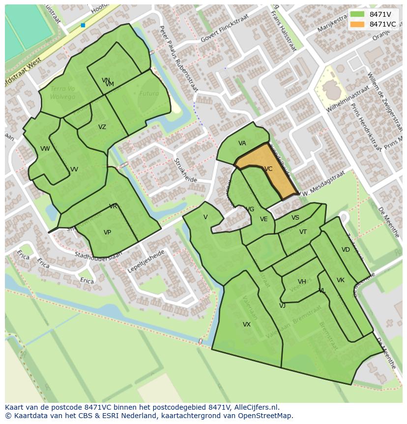 Afbeelding van het postcodegebied 8471 VC op de kaart.