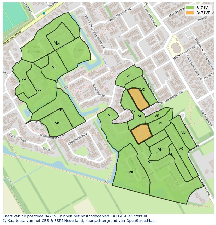 Afbeelding van het postcodegebied 8471 VE op de kaart.